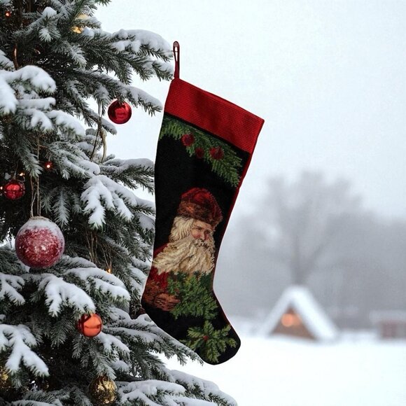 Vintage Needlepoint Father Christmas Stocking Velvet Santa St Nick Red Green 20" - Picture 1 of 5